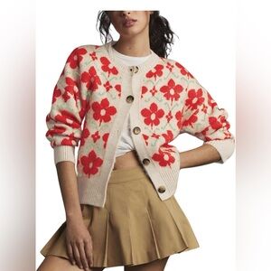 Chic Floral Women's Cardigan - Red and Cream